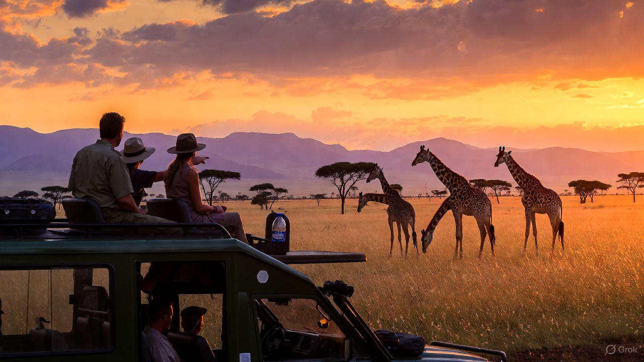 Tourists enjoying African Savanna safari